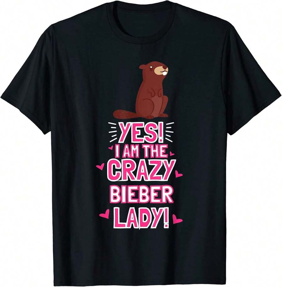 Maglietta da donna "I Am The Crazy BIEBER Lady Animal Outfit Gift" con stampa Bieber. Maglietta da uomo in cotone a maniche corte con scollo rotondo, stile retrò americano, semplice, comoda e traspirante, un capo essenziale per l'estate. - nero - Visualizzare 1