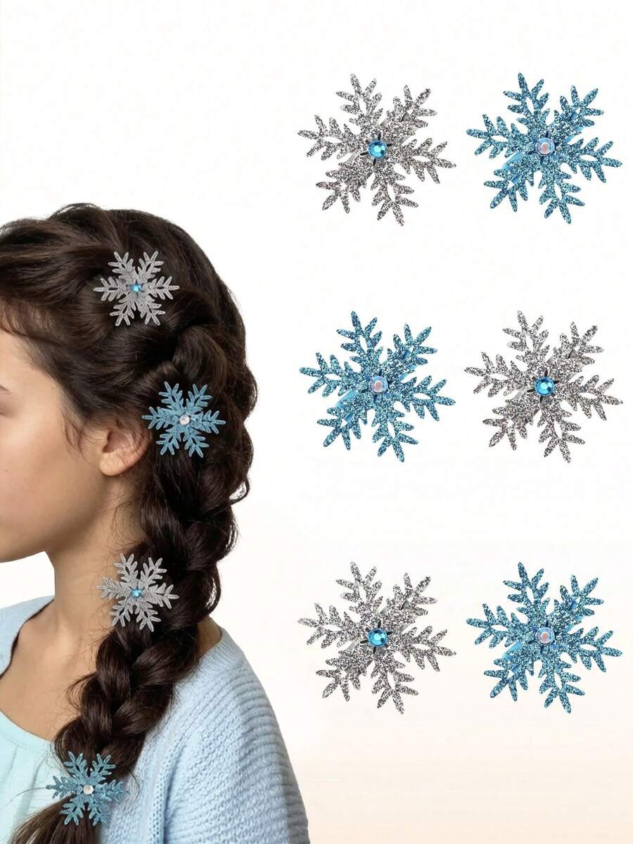 8Pcs Sparkly Snowflake Hair Clips Barrettes Hair Accessories Decorative Hair Pins Princess Frozen Cosplay Party Decorations (Blue And Silver) - Multicolor - View 1