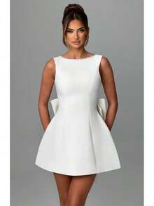 Women's Summer Pearl Bow Backless A-Line Mini Dress Sexy Slim Fit Party Wedding Guest Outfit 2026 Pearl Bow Backless A-Line Mini Dress Sexy Slim Fit Party Wedding Guest Outfit 2026 - trắng - Xem 5