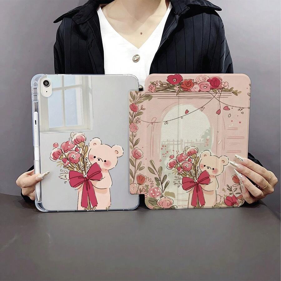 1 chiếc ốp lưng máy tính bảng hình gấu dễ thương cầm hoa, tương thích với iPad thế hệ thứ 10 10.9 inch 2022 / Air 13 (M3 2025) / Air 11 (M3 2025). Tương thích với SAMSUNG, , Oppo Pad, Matepad, Vivo Pad, Honor Pad. - Nhiều màu - Xem 1