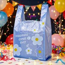 50/100个“幸福第一”花卉图案耐用塑料手提袋 - 厚实耐用，适合购物、送礼、收纳 | 是小型企业、杂货店、面包店的理想之选，尤其适合母亲节、婚礼季、返校季等场合 - 藍色款 - 查看 8
