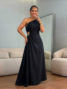 One-Shoulder Long Dress With Elegant Cutout – Sophistication And Style For Parties - 黑色 - 查看 3