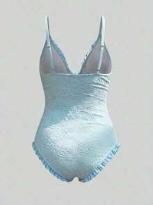 Plus Size Women One-Piece Tummy Control Modest High-Stretch Solid Color Special Fabric Dopamine Beach/Pool/Spa Sweet Style Swimsuit For Summer Beach Vacation - Màu xanh lam - Xem 7