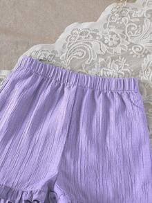 Conjunto de 2 piezas de niña joven con top de manga abullonada con estampado de corazón y flores 3D + shorts con volantes en el bajo para primavera/verano - Morado - Ver 6