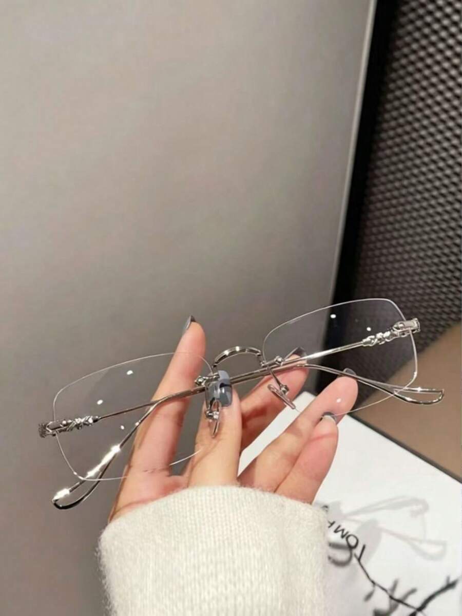 1 Pair Women's Frameless Clear Lens Glasses, Fashionable Versatile For Daily Wear, Delicate Ins Style - Silver - View 1