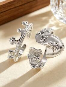 1 Set Vintage Elegant Portrait Rings For Women, Adjustable Open Crown & Flower Face Copper Rings, French Retro Masquerade Mask Face Stacking Crown Rings, Suitable For Daily, Party, Date, Holiday, Music Festival, Beach Vacation, Gift For Friends, Family, Couples, Jewelry Accessories - Silver - View 7