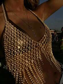 Nightclub Party Sparkling Tassel Crystal Chest Chain, Women's Sexy Rhinestone Mesh Body Chain - Gold - View 2