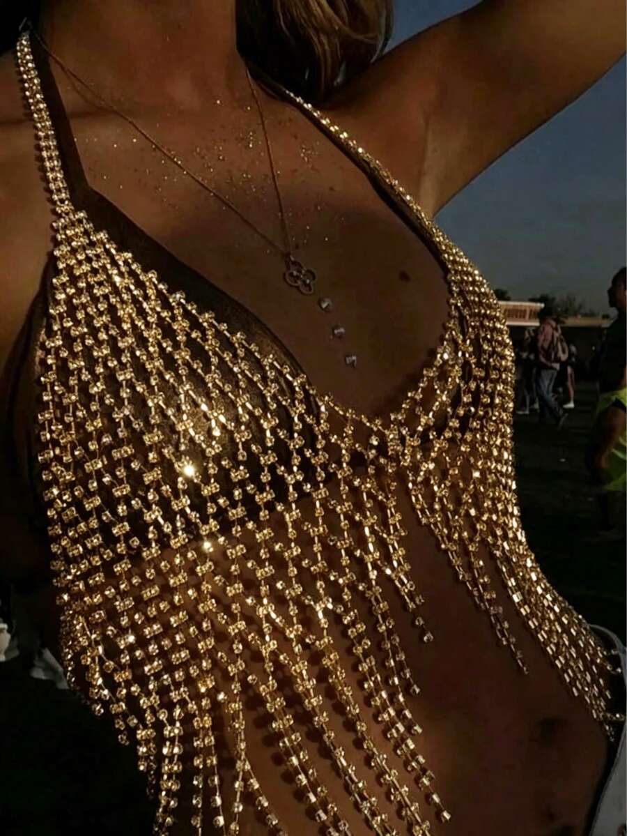Nightclub Party Sparkling Tassel Crystal Chest Chain, Women's Sexy Rhinestone Mesh Body Chain