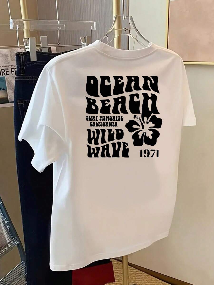 Ny modell 2026 Dubbelsidigt tryckt T-shirt, Ocean Beach, Surfing Memory Print Damtröja med rund hals och kortärmad ledig stil, Hudvänligt tyg, Klassisk design, Vår- och sommartopp, Dammode – ett måste för sommaren - [Vit] - Visa 1
