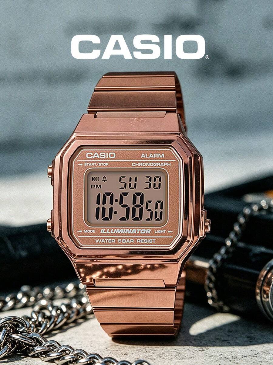 Casio 男女通用复古方形玫瑰金不锈钢数字闹钟秒表夜光女士手表,Y2K复古美学,送给女朋友、男朋友的奢华礼物,约会之夜、派对、情人节、周年纪念日 - 玫瑰金 - 查看 1