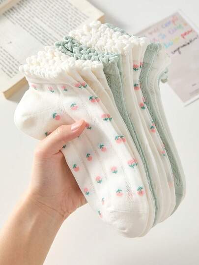 5 Pairs Of White And Light Green Floral Pattern Cute Women's Ankle Socks, Lightweight Non-Slip Breathable, Suitable For Spring And Summer