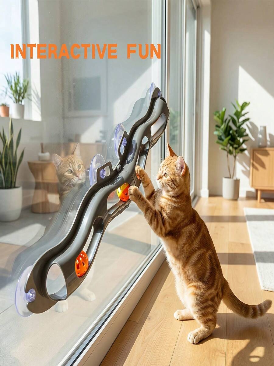 一套可折叠猫玩具，猫抓板，可挂在窗户或墙上，带吸盘波浪形设计和轨迹球，猫咪趣味轨迹球 - 彩色 - 查看 1