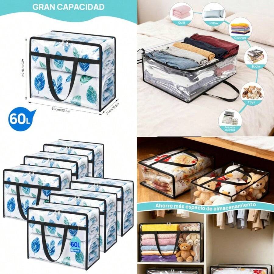 6 Piezas 60L Bolsa de Almacenamiento de PVC Engrosada Transparente Caja de Almacenamiento Debajo de La Cama con Cremallera y Manija para Almacenar Edredones Ropa Juguetes Libros Mudanzas - transparente6 piezas60L - Ver 1