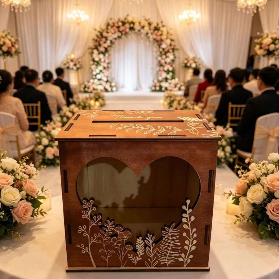 Hölzerne Hochzeitskartenkiste mit Fensterumschlag, Postaufbewahrungsbox, Hochzeitsdekoration, Party, Abschlussfeier Grußkarte, Postkarten Aufbewahrungsbox aus Holz - 1 Stück - Übersicht 1