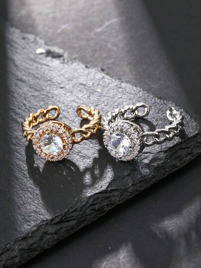 1pc Fashion Cubic Zirconia Ring For Women, Gold/Silver Plated Adjustable Open Ring, Suitable For Daily Wear, Eid Al-Adha Gift