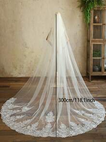 1pc 300cm Long Luxury Lace Edged Bridal Veil With Comb, Single Layer Ivory Wedding Accessory - White - View 6
