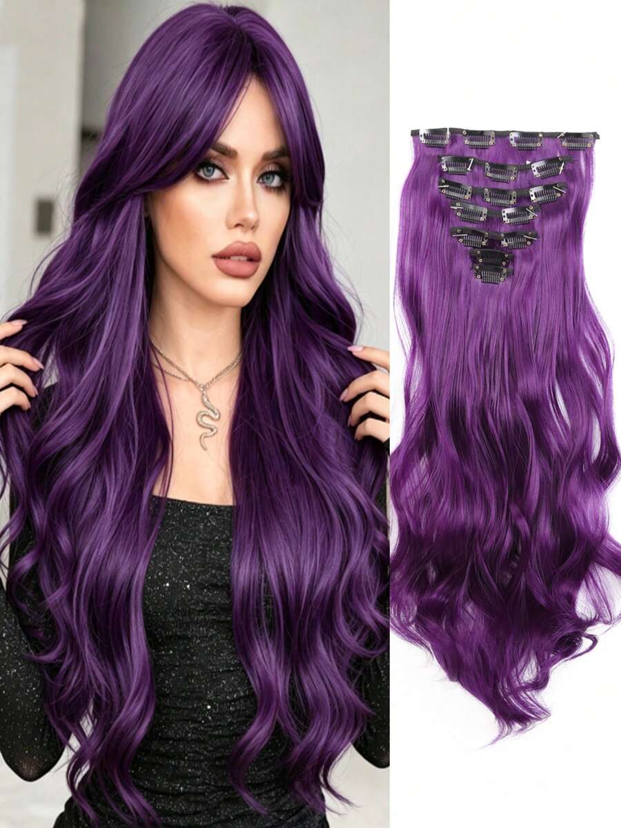 Extensiones de cabello ondulado de 20 pulgadas, 7 piezas/set, piezas de cabello con borde grueso, diseño de clip invisible, fibra sintética suave, color púrpura, solo para mujeres - Multicolor - Ver 1