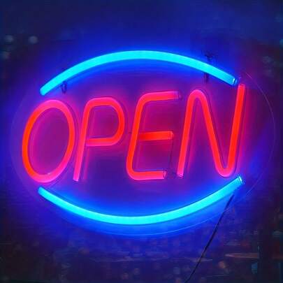 1 Dây đèn neon siêu sáng màu đỏ và xanh dương chữ "OPEN", có thể điều chỉnh độ sáng, chất liệu acrylic cao cấp, dùng nguồn USB, thích hợp cho quán bar, quán cà phê, cửa hàng, nhà hàng và trang trí mặt tiền.