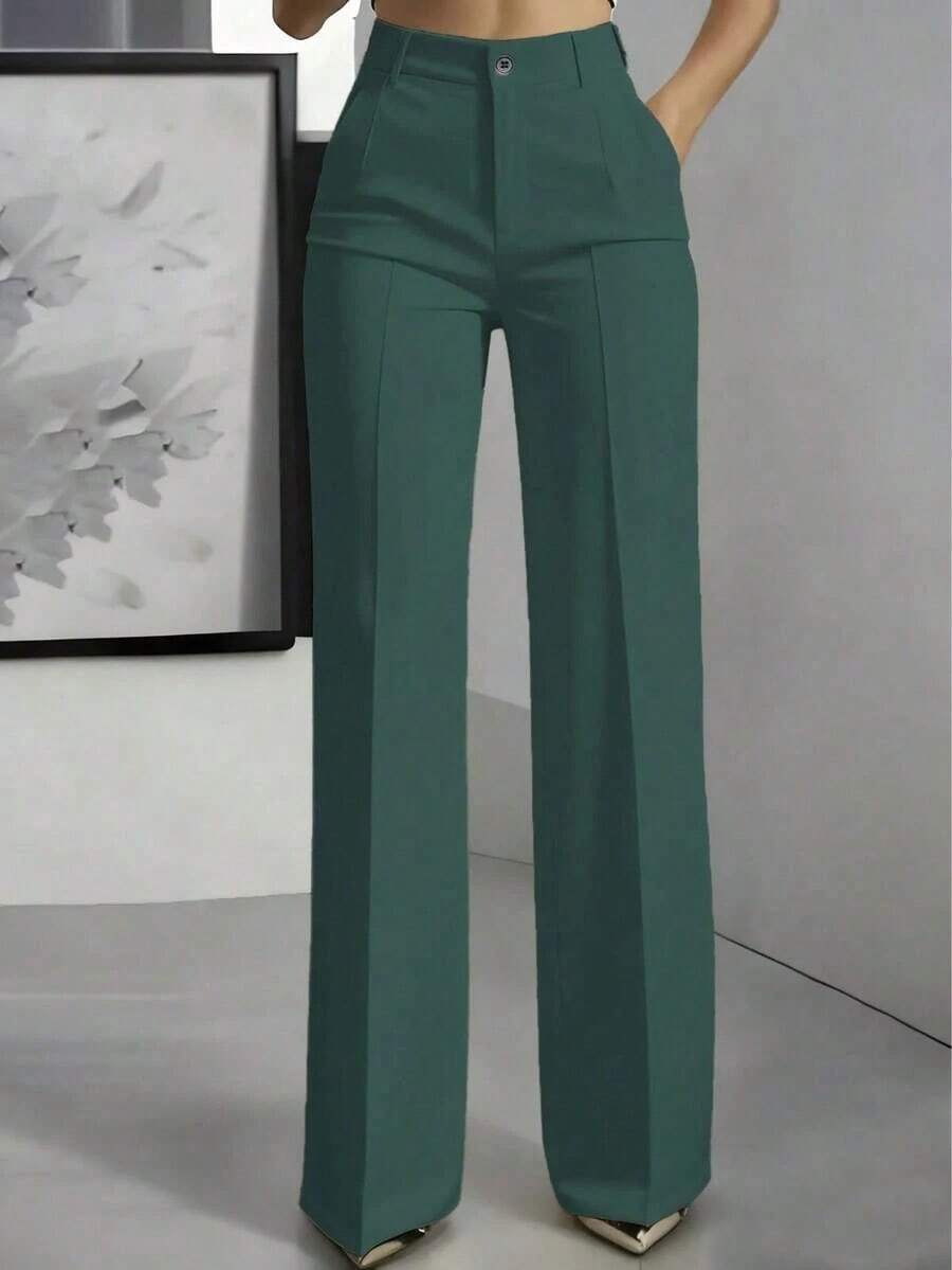 Pantalones rectos de unicolor versátiles y de moda, color blanco, para primavera - Verde Oscuro - Ver 1