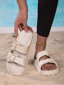 Novo Chinelo Interno Doméstico Macio e Confortável de Sola Grossa e Elevada em EVA Sólido, Adequado para Estudantes. Chinelo Externo Ajustável de Duas Tiras na Moda, Adequado para Escritório, Viagem, Praia, Compras, Caminhada, Absorção de Impacto, Ajuste Largo. Múltiplas Opções de Cores. - Damasco - Visão 5
