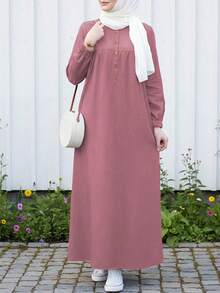 Solid Color Round Neck Half-Button Front Long Dress, Casual Elegant All-Season Dress Fall - Dusty Pink - View 3