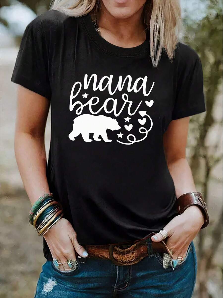 Bear And Letter Print T-Shirt, Short Sleeve, Crew Neck, Casual Tops For Summer And Spring, Women's Clothing-X - Black - View 1
