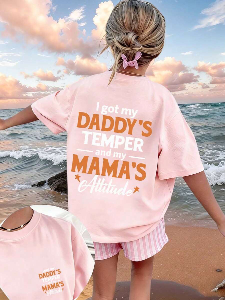 Tween Girls' Casual Funny Print Crew Neck Short Sleeve T-Shirt, Summer Top - Pink - View 1