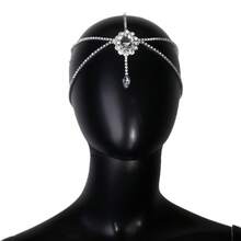 Diadema con cadena de frente de gota de agua con múltiples capas de cristal rhinestone, joyería para el cabello de mujer, cadenas de cabello huecas de cristal, accesorio para la cabeza, viaje, fiesta - Plata de ojo de caballo de forma ovalada - Ver 5
