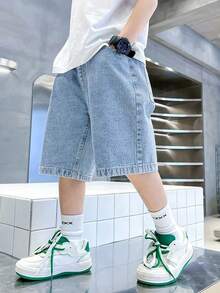 Pantalones cortos vaqueros de mezclilla lavada azul claro oversize, estilo casual de calle para adolescentes - Lavado ligero - Ver 1