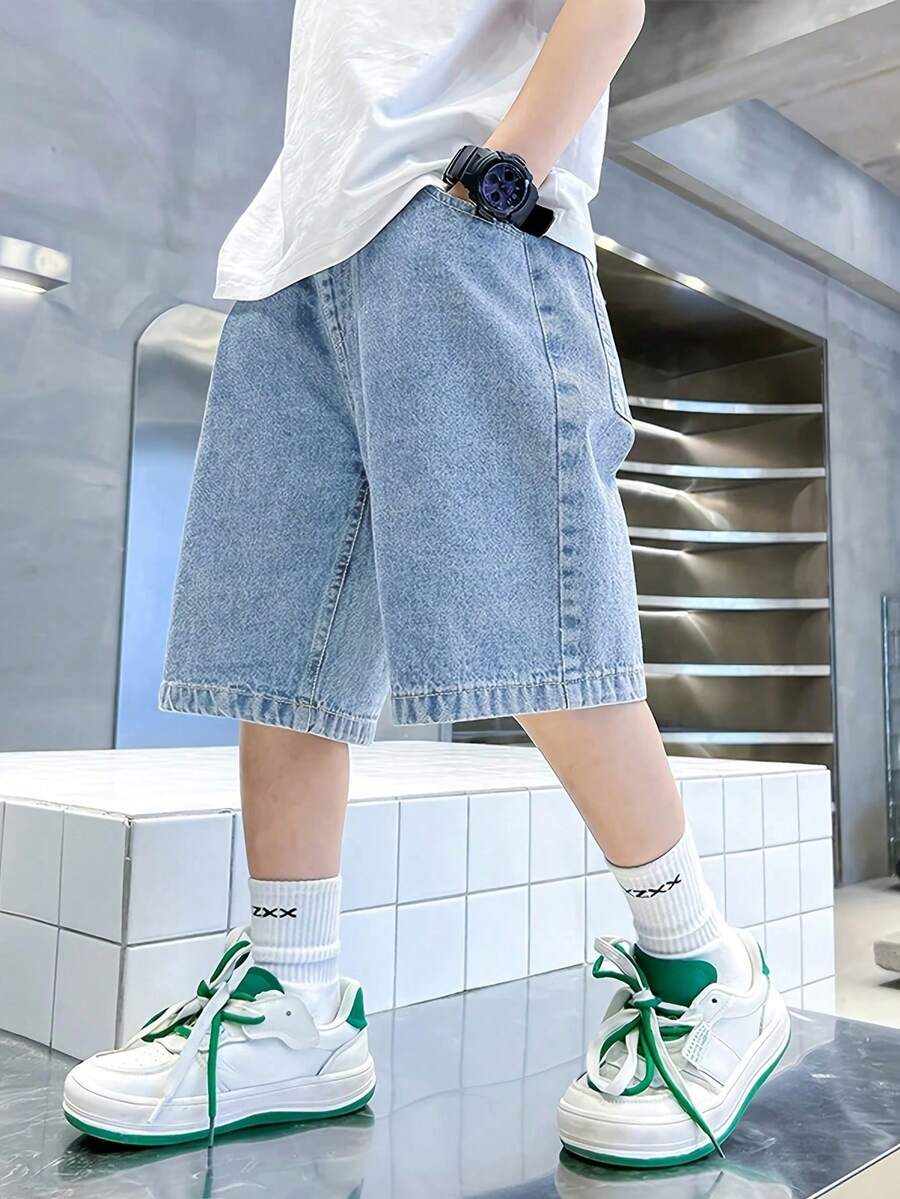 Pantalones cortos vaqueros de mezclilla lavada azul claro oversize, estilo casual de calle para adolescentes - Lavado ligero - Ver 1