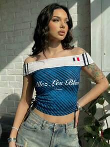 Camiseta corta ajustada con hombros recortados y malla, estilo francés casual, adecuada para el estilo callejero, parte superior de primavera/verano, conjunto de verano para mujer, Copa Mundial - Azul - Ver 5