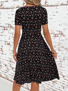 Vestido midi clásico femenino de cuello en V con botones frontales, estampado de lunares rojos, manga corta y cintura alta entallada.Falda A con abertura lateral, ideal para primavera y citas de San Valentín. - Rojo 2 - Ver 2