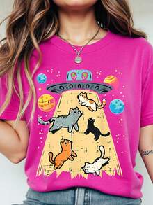 Camiseta de manga corta y cuello redondo de alta elasticidad para mujer talla grande, con estampado de gato espacial y patrón de OVNI - Rosa Fucsia - Ver 3