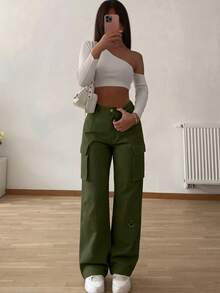 Pantalon cargo droit vert olive à taille élastique avec poches, style vintage élégant Y2K, décontracté et mignon, sans stretch. Polyvalent pour le streetwear, l'aéroport, la rentrée scolaire, la remise des diplômes, la fête des enseignants, Thanksgiving, le club, l'anniversaire, les festivals de musique, la salle de sport, les sorties en plein air, le bureau, le printemps, l'été, l'automne et l'hiver. - Militaire verte - Voir 4