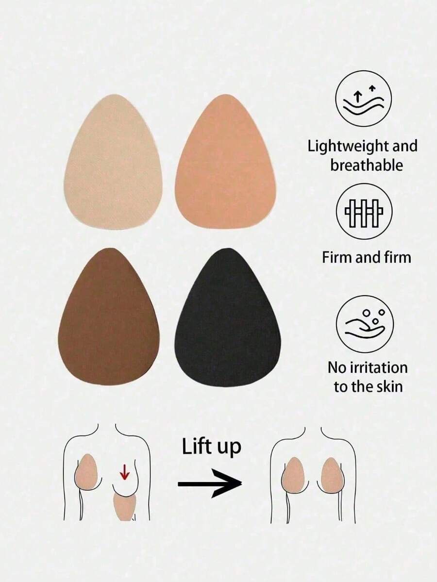 4/2pcs Plus Size Invisible Lifting Water Drop Shaped Breast Pads, Strapless Bra Inserts, Suitable For B-E Cup, Black, Nude - Multicolor - View 1