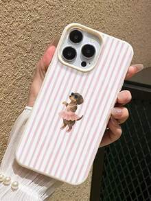 适用于 17/16/15/14/13/12/11机型，可爱甜美少女风，荔枝纹理软壳，全方位保护手机壳，粉色竖条纹腊肠犬印花 - 米色 - 查看 4