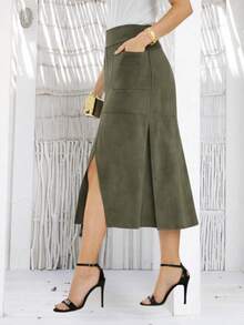 Women's Casual Elegant Suede Midi Skirt With Pockets, Front Slit, And Back Zipper - Sizes S, M, L, XL - 軍綠色 - 查看 3