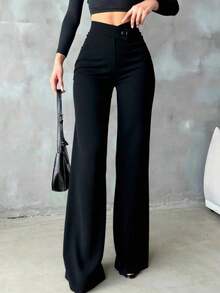 Pantalones rectos negros elegantes y casuales para mujer, pantalones de verano con cintura asimétrica en V para acentuar las curvas, adecuados para la escuela, el uso diario, el trabajo, las citas y las vacaciones de primavera - Negro - Ver 2