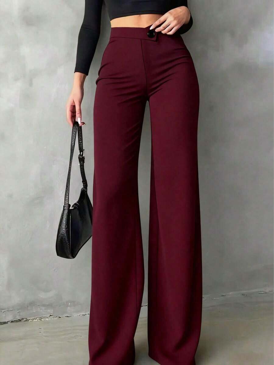 Pantalones rectos negros elegantes y casuales para mujer, pantalones de verano con cintura asimétrica en V para acentuar las curvas, adecuados para la escuela, el uso diario, el trabajo, las citas y las vacaciones de primavera - Burdeos - Ver 1