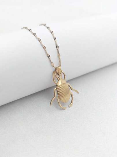 1pc Natural Style 18K Gold Plated Stainless Steel Beetle Pendant Necklace, Unisex Minimalist Luxury Fashion Accessory, Suitable For Daily Wear, Great Gift For Men