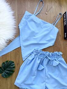 ELLIE Women's Set In Crepe Fabric Consisting Of A Cropped Top With Tie Closure And Lined Shorts. - đơn sắc xanh - Xem 4
