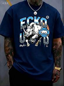 Men's 220g 100% Cotton ECKO UNLTD Iridescent Rhino Graphic T-Shirt,And Breathable Men's Sportswear, Suitable For Everyday Wear,Outings, Commuting. - 藏青色 - 查看 3