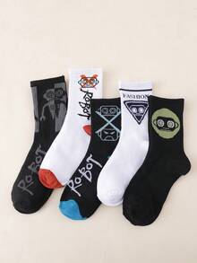 4双男士个性街头风卡通休闲百搭中筒袜，适合日常穿着 - 彩色 - 查看 2