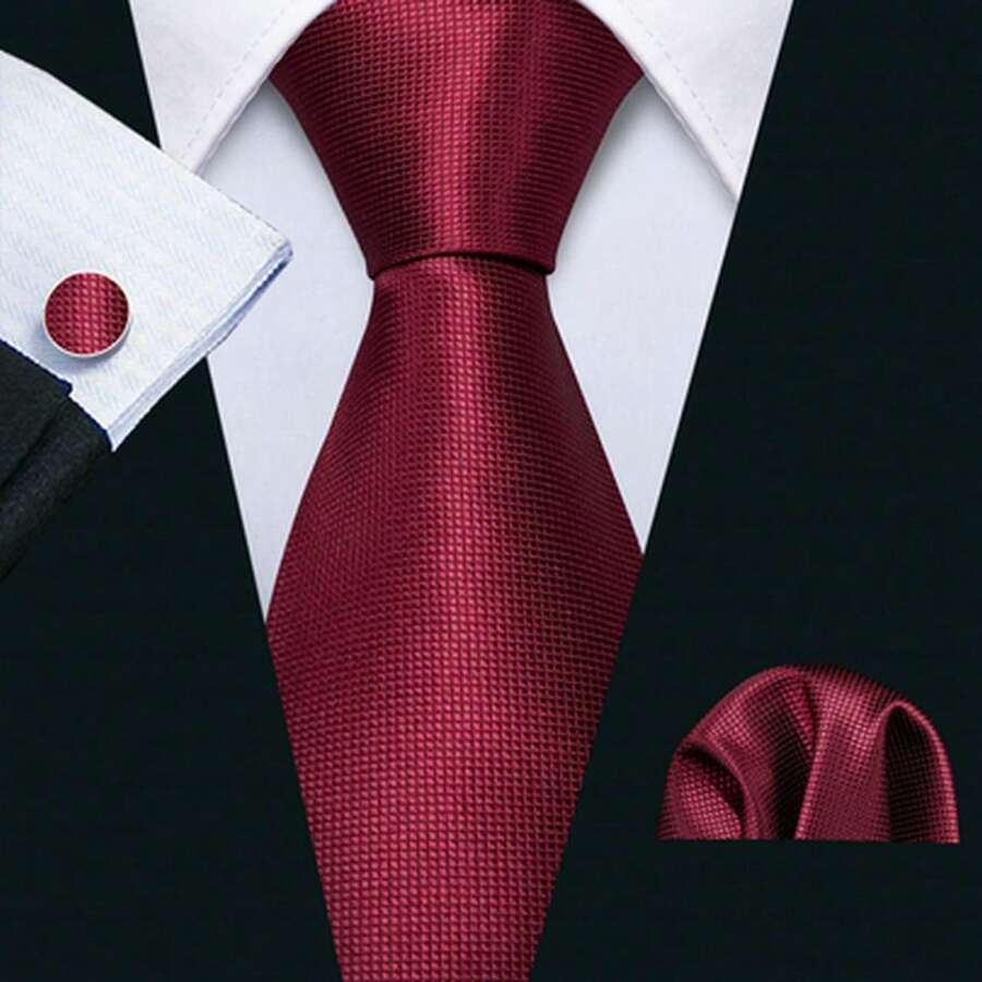 Men Classic Red Plaid Tie Pocket Square Cufflinks 3 Piece Set For Business Wedding Party Prom Banquet - Đỏ - Xem 1