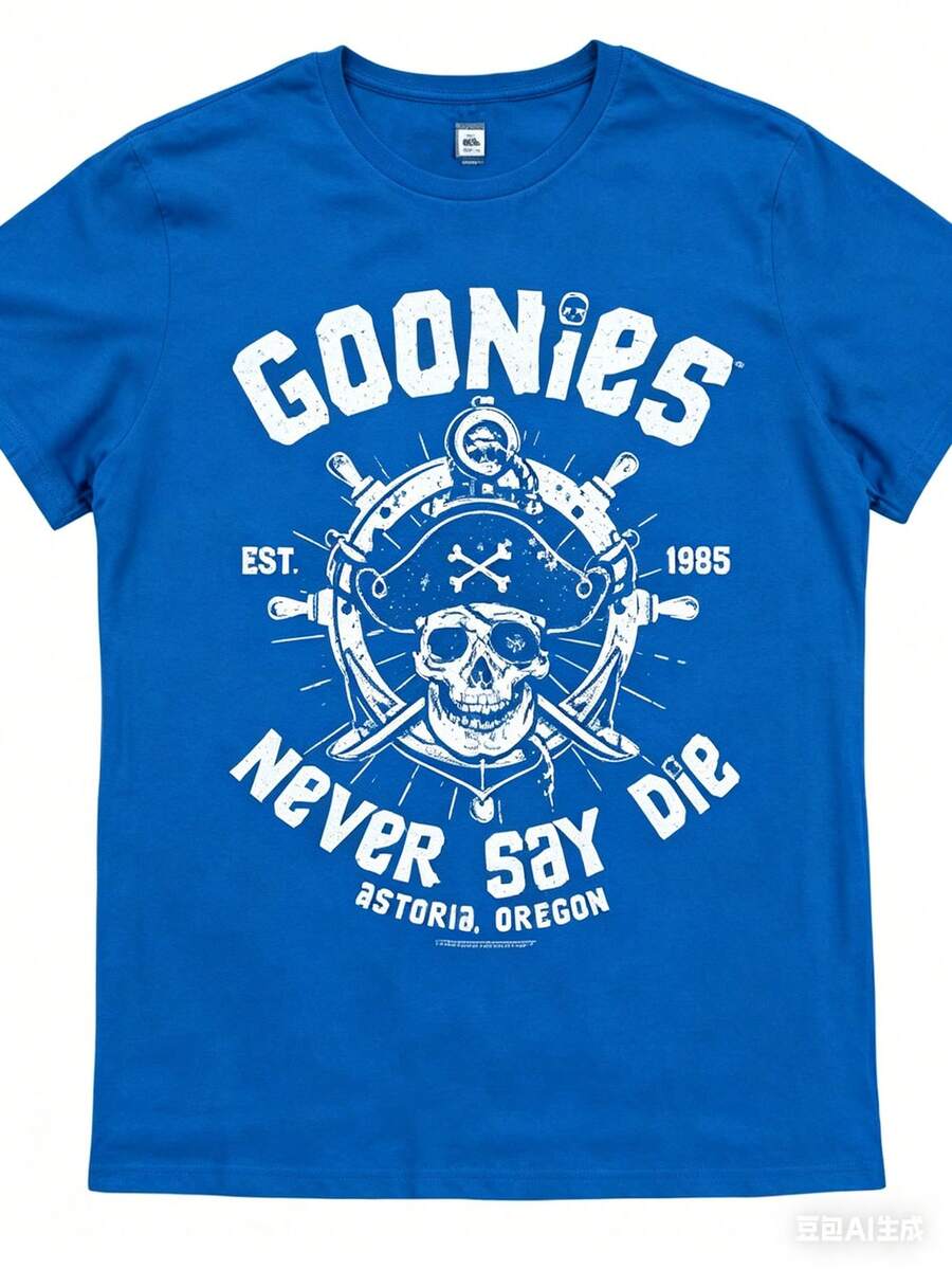Durable Cotton, Goonies Never Say Die Men's Retro Style Cotton T-Shirt - Comfortable Crew Neck, Short Sleeve, Skull And Crossbones Pattern, EstDesigned In 1985, An Ideal Choice For Casual Clothing, Casual Clothing T-Shirt|Casual Crew Neck|Durable Fabric Round-Neck T-Shirt,Versatile & Everyday Wear,Year-Round Essential, Y2K Style - Màu xanh lam - Xem 1