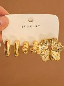 6-18pcs Women's Fashionable C-Shaped Earring Set, Made Of ABS Resin With Matte Metal Texture, Delicate Details, Natural And Lively, Minimalist And Compact, Versatile For Daily Wear - Gold - View 4