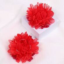 2pcs Cute Red Fabric Hair Ties With Flower And Bead Charms, Suitable For Daily Wear And Vacation - Red - View 6