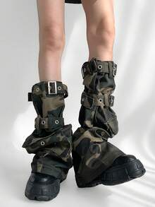 Functional Design Subculture Heavyweight Washed Distressed Camo Punk Apocalypse Style Adjustable Leg Gaiters - Camouflage (suitable for Calf Circumference Up to 38cm) - View 2