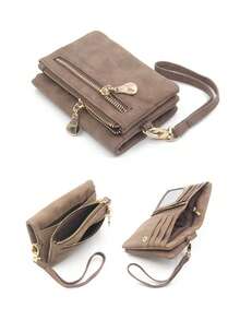 1pc Coffee Color Short Wallet, Matte PU Leather Handbag, Multi-Card Slots ID Card Holder, Folding Double Zipper Coin Purse, Student Gift Collection Pouch - Brown - View 6