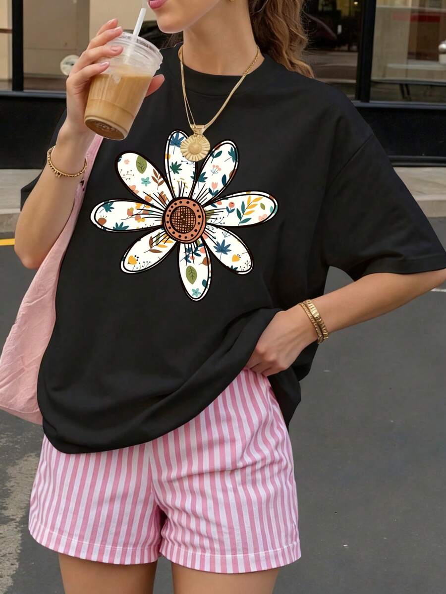 Camiseta negra con estampado floral grande para mujer estilo casual verano - Negro - Ver 1